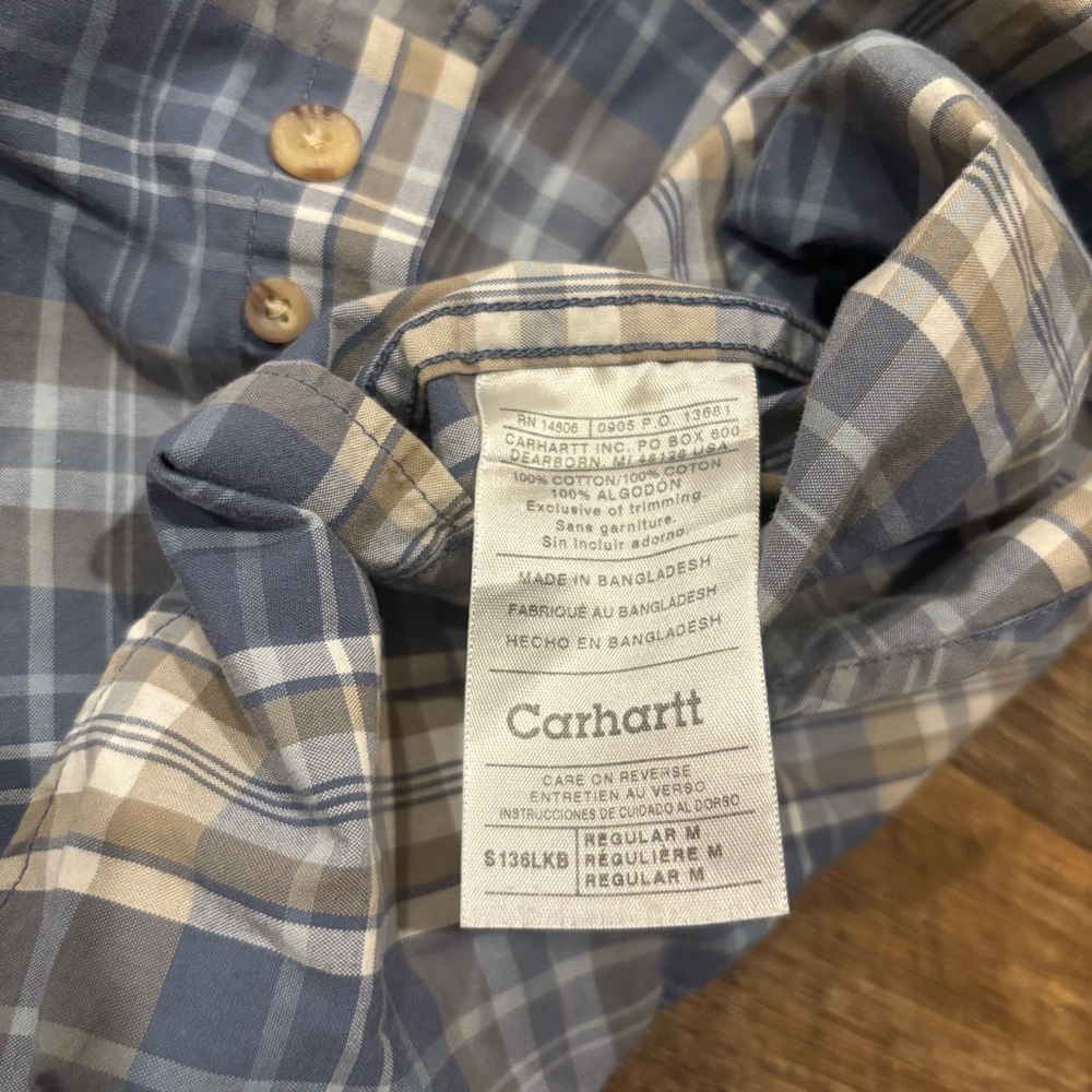 Carhartt Plaid Button Up Shirt Medium Blue Short Sleeve Workwear Cotton Logo - Picture 6 of 6